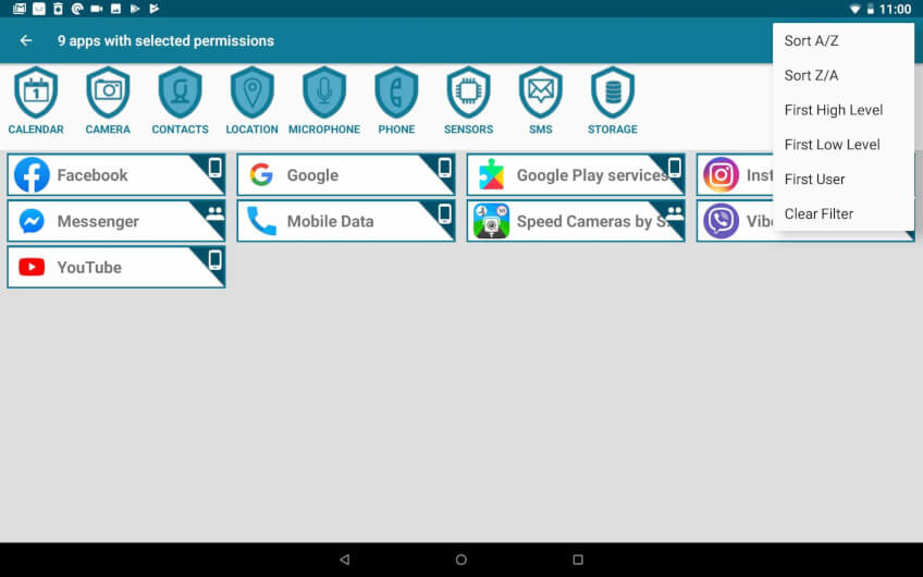 screenshot of sorted selected permissions
